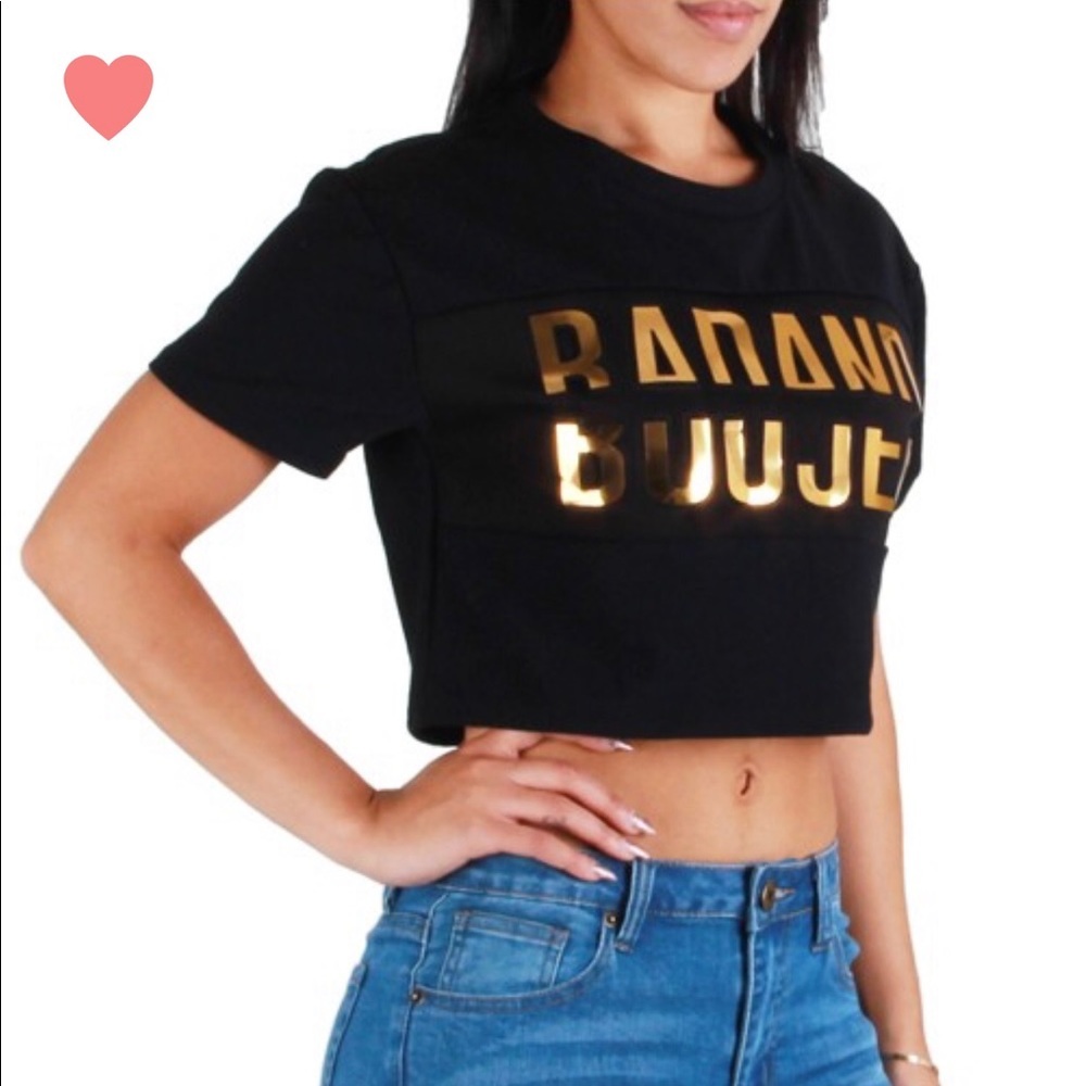 Black Gold Embossed Crop Top Short Sleeve Tee